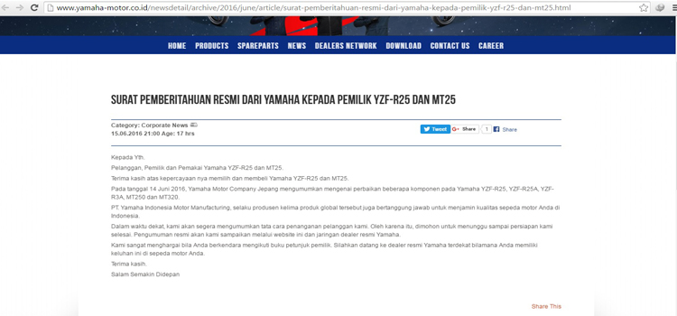 Yamaha Indonesia Umumkan Recall Yamaha R25, R25A, MT25, dan MT320